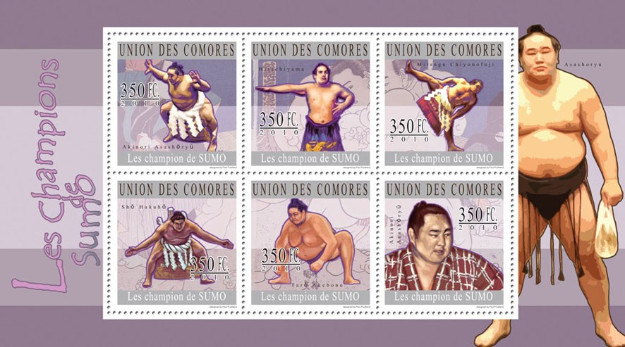 The Champions of Sumo, ( A.Aashoryu...T.Akebono ). - Issue of Comoros postage stamps