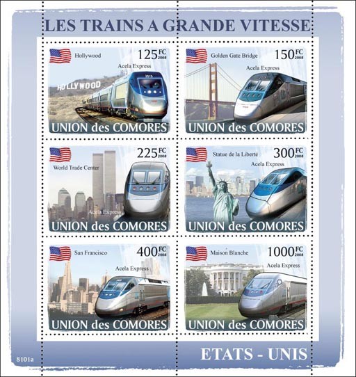 Trains American / AcelaExpress - Issue of Comoros postage stamps