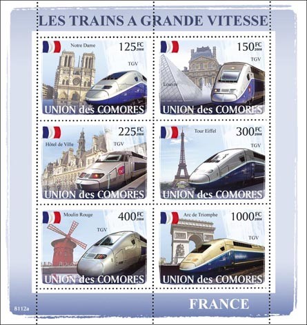 Trains France / TGV - Issue of Comoros postage stamps