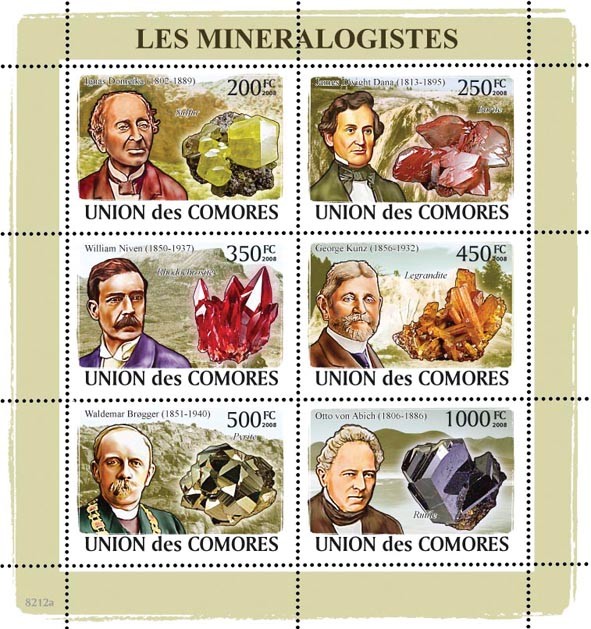 Mineralogists & Minerals(I.Doneika, J.D.Dana, W.Niven, G.Kunz, W.Brogger, O.von Abich) - Issue of Comoros postage stamps