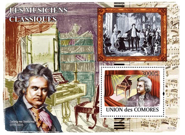 Classic Musicians & Pianos (W.A.Mocart, L.Van Beethoven) - Issue of Comoros postage stamps