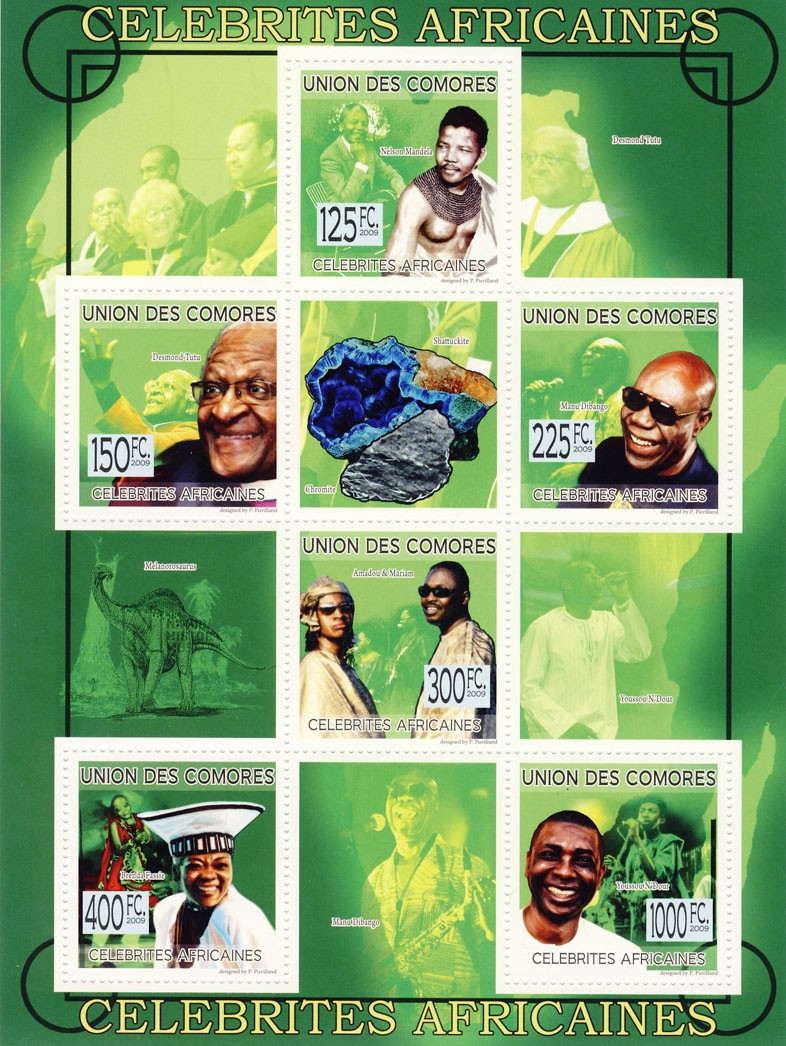 Celebrities of Africa  N.Mandela, D.Tutu, M.Dibango, Amadu&Mariam, B.Fassie, Youssou N?ﾀﾙDour . - Issue of Comoros postage stamps