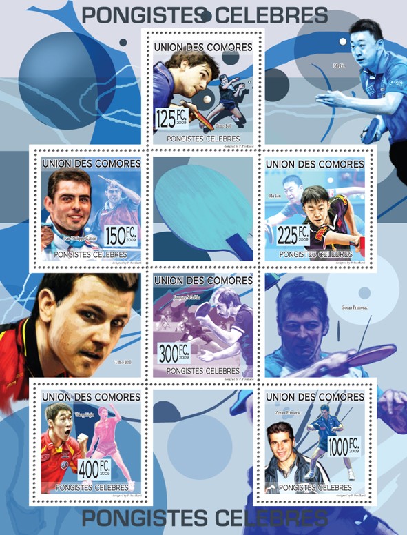 Famous Table Tennis Players - T. Boll, J.P. Gatien, Ma Lin, J. Secretin, W. Liqin, Z. Primorac - Issue of Comoros postage stamps