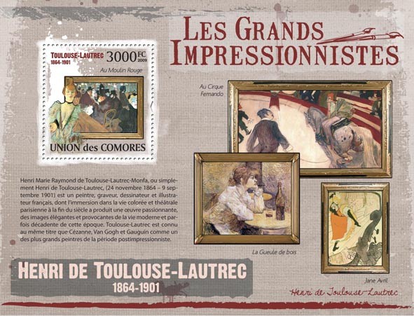 Paintings of Henri de Toulouse  Lautrec   ( 1864 - 1901  ) - Issue of Comoros postage stamps